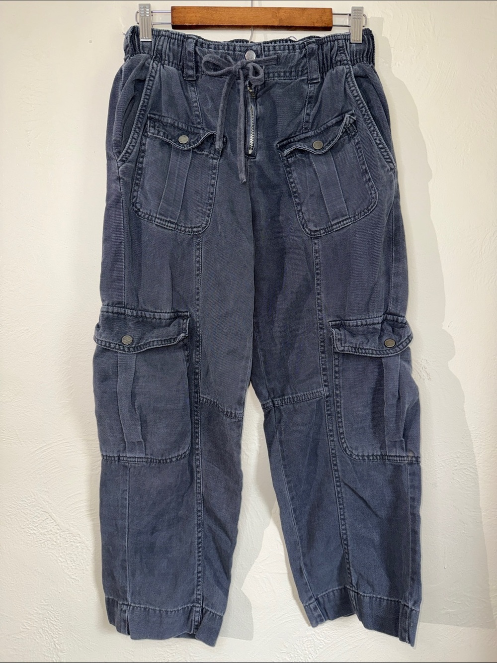 Zara Washed Blue Cargo Utility Pants XS Lyocell Cotton
